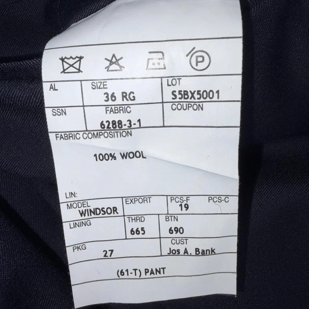 Jos. A. Bank Windsor Mens Navy Blue 100% Wool Pleated Cuffed Dress Pants 36 RG